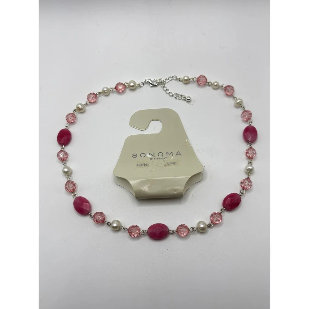Sonoma‎ Life Style Pink Beaded Pearl Necklace Silver Tone Adjustable 16 Inch